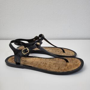 KATE SPADE Yari Jelly Sandals Womens 10 Black Rubber Ankle Strap Gold Logo